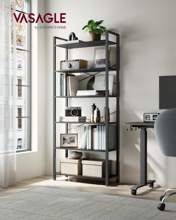 VASAGLE Biblioteca 6 rafturi, cadru metalic si polite PAL, stil industrial, 80x30x186 cm, negru - imagine 4