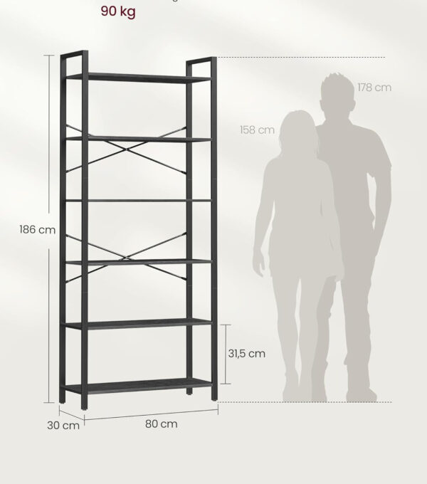 VASAGLE Biblioteca 6 rafturi, cadru metalic si polite PAL, stil industrial, 80x30x186 cm, negru - imagine 6