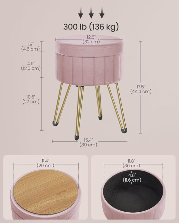 SONGMICS Taburet rotund cu spatiu de depozitare, tapitat catifea, 32x39x44 cm, roz - imagine 2