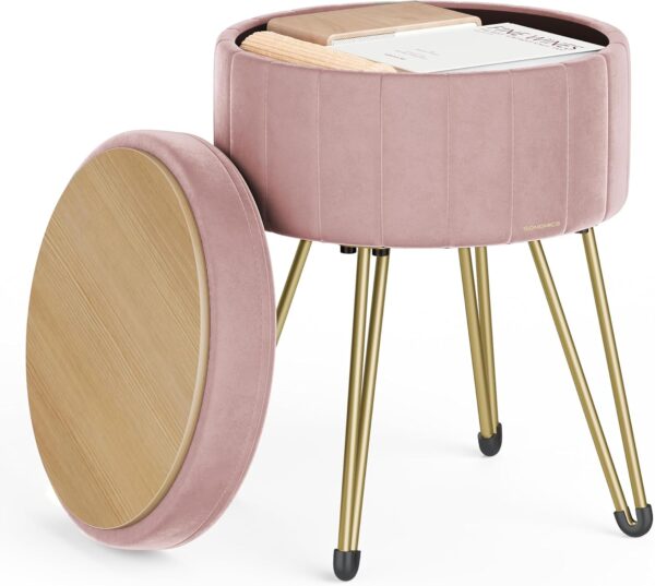 SONGMICS Taburet rotund cu spatiu de depozitare, tapitat catifea, 32x39x44 cm, roz - imagine 3