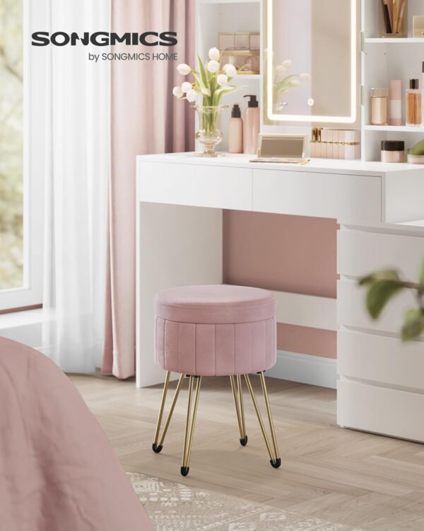 SONGMICS Taburet rotund cu spatiu de depozitare, tapitat catifea, 32x39x44 cm, roz - imagine 5