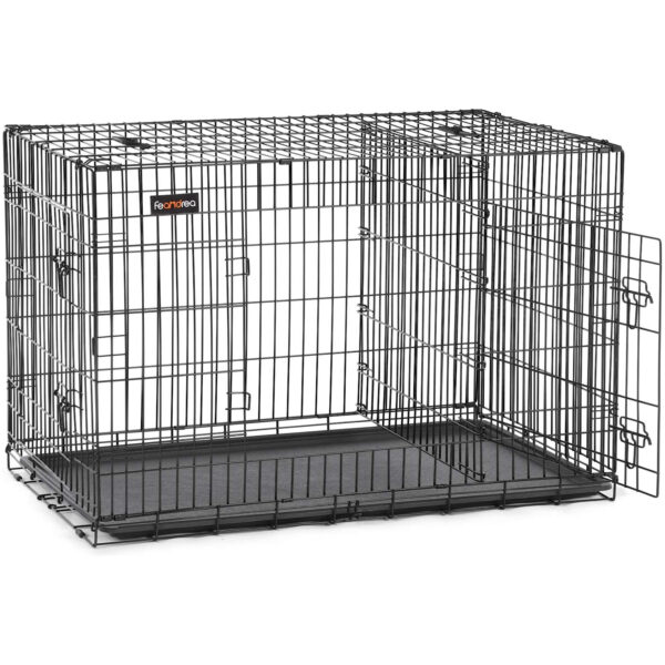 FEANDREA Cusca pentru animale, 2 usi, perete separator, pliabila din metal, XXL, 122x75x81cm, negru