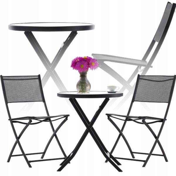 Set mobilier balcon pliabil cu masa sticla si 2 scaune, structura metalica, 60x70 cm, negru - imagine 5