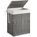 SONGMICS Cos rufe cu capac, ratan sintetic si sac detasabil, 90 L, 46x33x60 cm, gri
