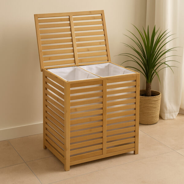 Cos rufe 5Five Sicela din bambus, 2 compartimente, capacitate 100L, 58x40x60 cm, natur - imagine 7