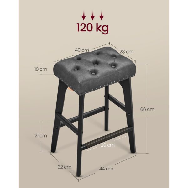 VASAGLE Set 2 scaune bar cu tapiterie piele ecologica, picioare din lemn, 44x32x66 cm, negru - imagine 3
