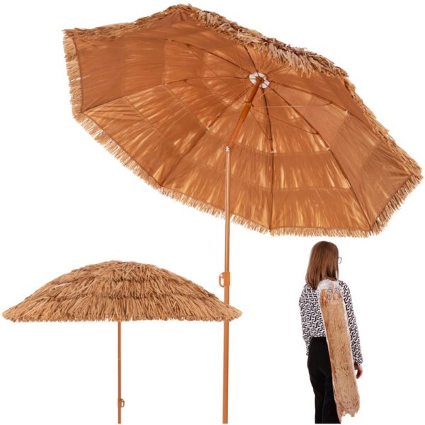 Umbrela de plaja tip hawai pliabila, cu inaltime si unghi reglabil, structura metalica, 160 cm, maro - imagine 5