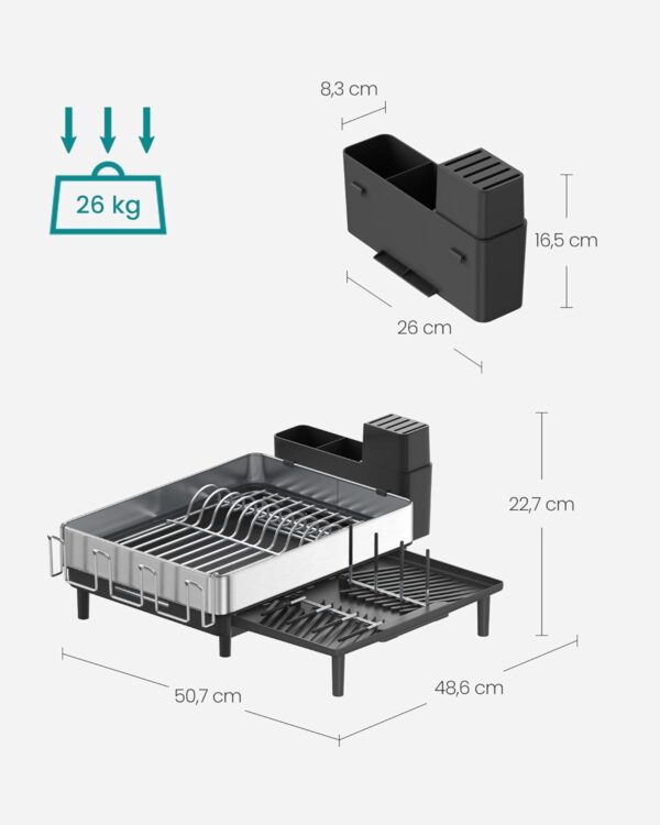SONGMICS Suport vase inox cu scurgere extensibila, compartimente tacamuri si pahare, 51x49x23 cm, negru - imagine 2
