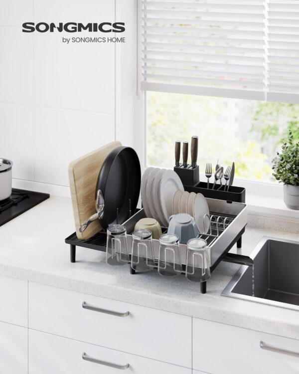 SONGMICS Suport vase inox cu scurgere extensibila, compartimente tacamuri si pahare, 51x49x23 cm, negru - imagine 5