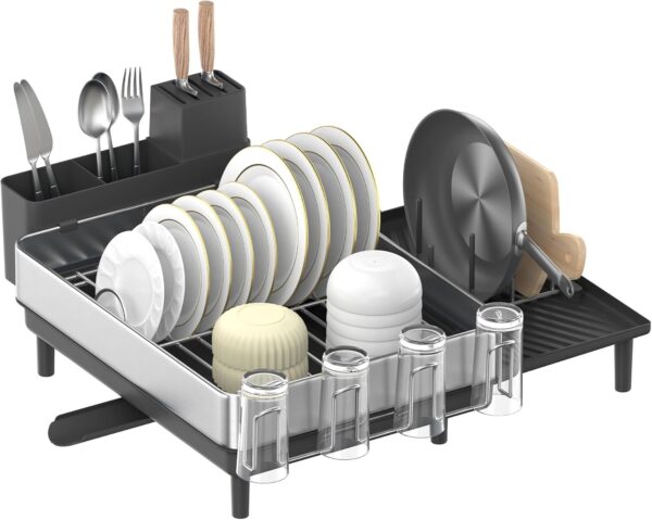 SONGMICS Suport vase inox cu scurgere extensibila, compartimente tacamuri si pahare, 51x49x23 cm, negru - imagine 6