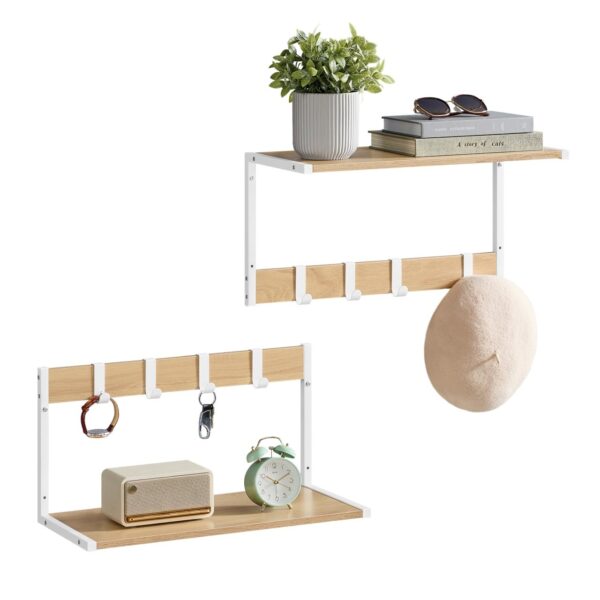 VASAGLE Set 2 cuiere cu rafturi perete, PAL si otel, 50x24x27 cm, stejar, alb - imagine 2