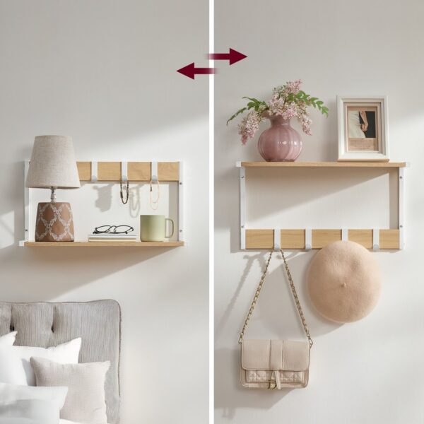 VASAGLE Set 2 cuiere cu rafturi perete, PAL si otel, 50x24x27 cm, stejar, alb - imagine 6