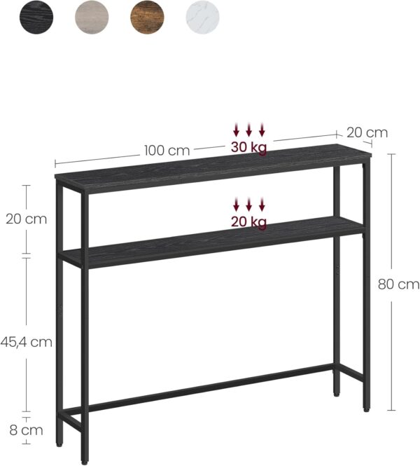 VASAGLE Masa consola hol cu 2 rafturi, cadru metalic si polite din PAL, 100x20x80 cm, negru - imagine 2
