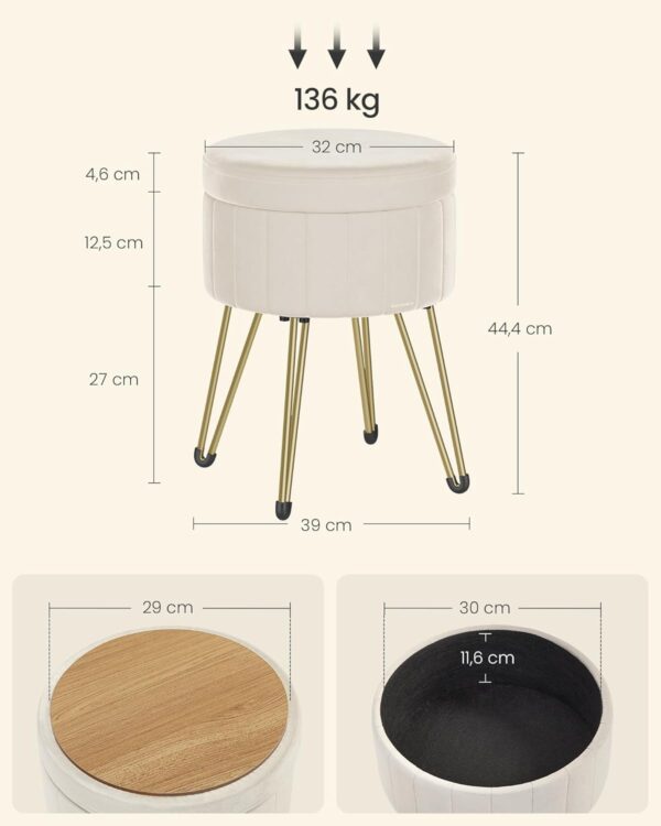 SONGMICS Taburet rotund cu spatiu de depozitare, tapitat catifea, 32x39x44 cm, crem - imagine 2