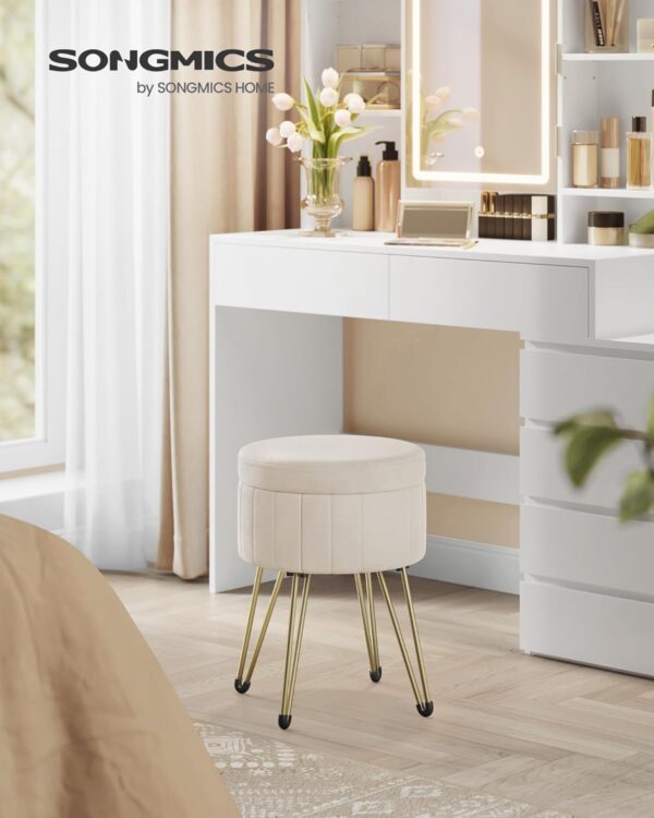 SONGMICS Taburet rotund cu spatiu de depozitare, tapitat catifea, 32x39x44 cm, crem - imagine 4