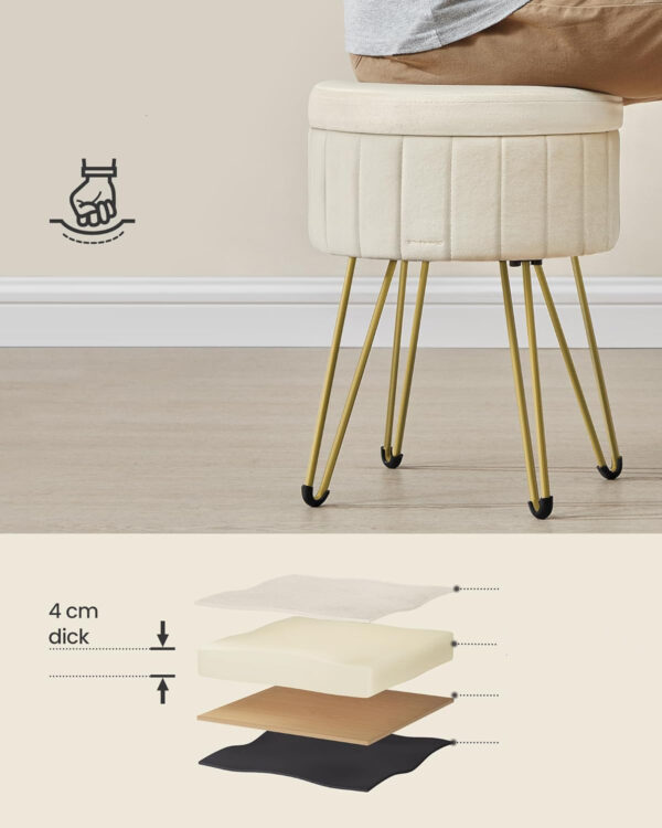 SONGMICS Taburet rotund cu spatiu de depozitare, tapitat catifea, 32x39x44 cm, crem - imagine 5