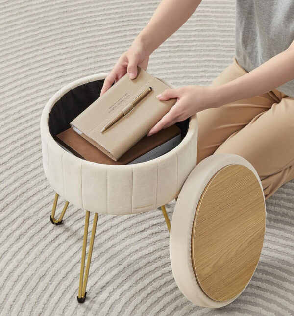 SONGMICS Taburet rotund cu spatiu de depozitare, tapitat catifea, 32x39x44 cm, crem - imagine 6