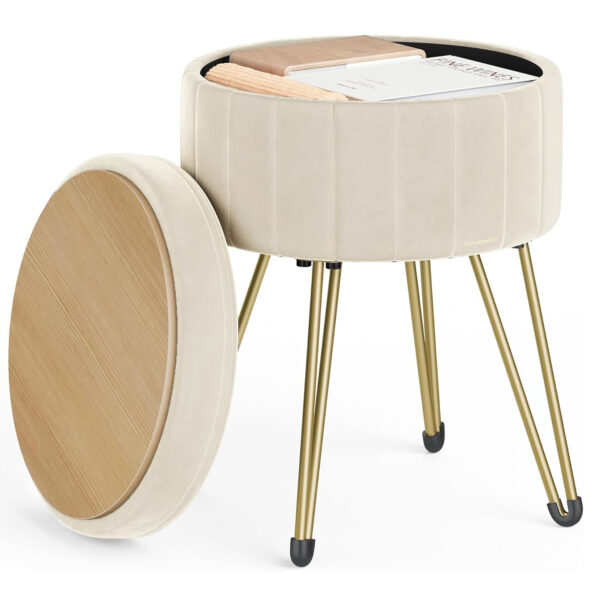 SONGMICS Taburet rotund cu spatiu de depozitare, tapitat catifea, 32x39x44 cm, crem - imagine 8