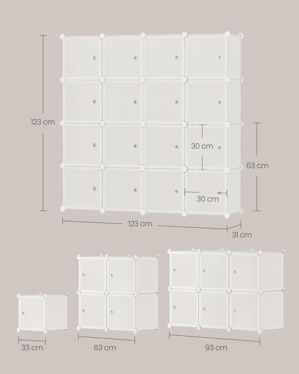 SONGMICS Dulap modular cu 16 cuburi si usi, cadru metalic, asamblare usoara, 123x123x31 cm, crem - imagine 2