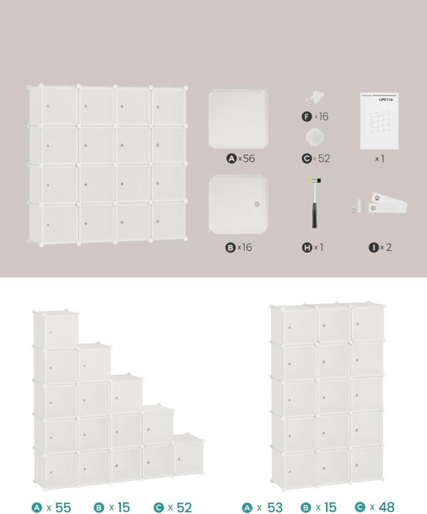 SONGMICS Dulap modular cu 16 cuburi si usi, cadru metalic, asamblare usoara, 123x123x31 cm, crem - imagine 6