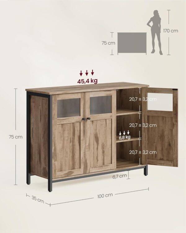 VASAGLE Dulap bucatarie cu 3 usi, rafturi reglabile, cadru metalic, stil industrial, 100x35x75 cm, maro - imagine 2