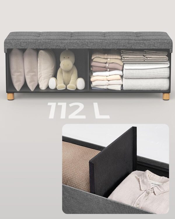 SONGMICS Bancuta depozitare pliabila cu picioare din lemn, 112 litri, textil, 110x38x40 cm, gri - imagine 2