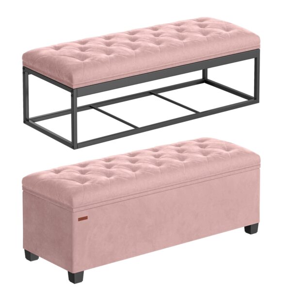 SONGMICS Bancuta depozitare cu picioare, velur matlasat, 103 litri, 110x40x40 cm, roz - imagine 2