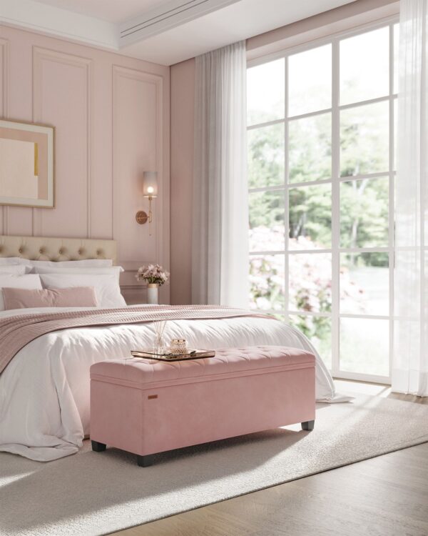 SONGMICS Bancuta depozitare cu picioare, velur matlasat, 103 litri, 110x40x40 cm, roz - imagine 3