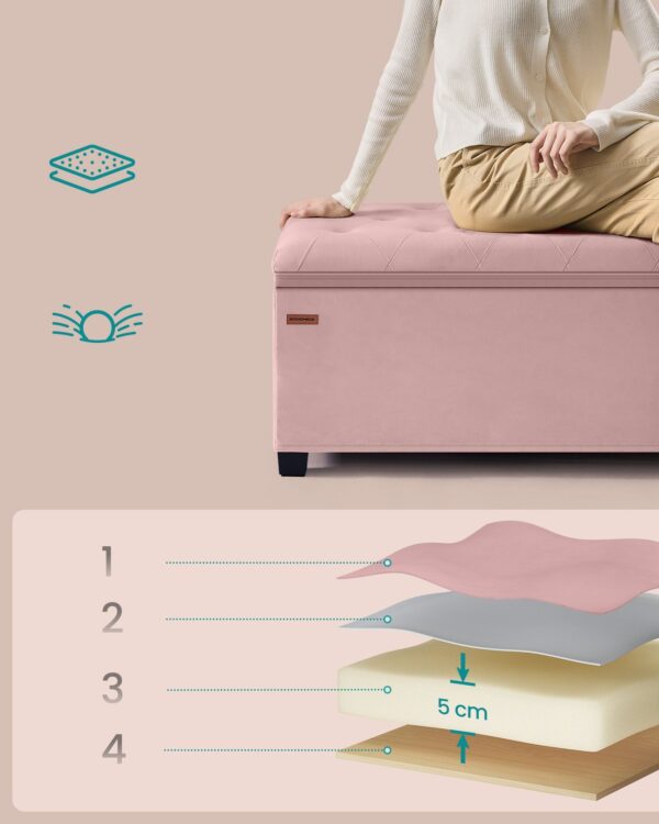 SONGMICS Bancuta depozitare cu picioare, velur matlasat, 103 litri, 110x40x40 cm, roz - imagine 5