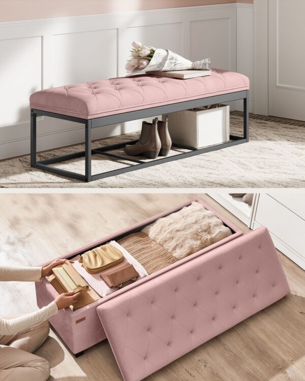 SONGMICS Bancuta depozitare cu picioare, velur matlasat, 103 litri, 110x40x40 cm, roz - imagine 7