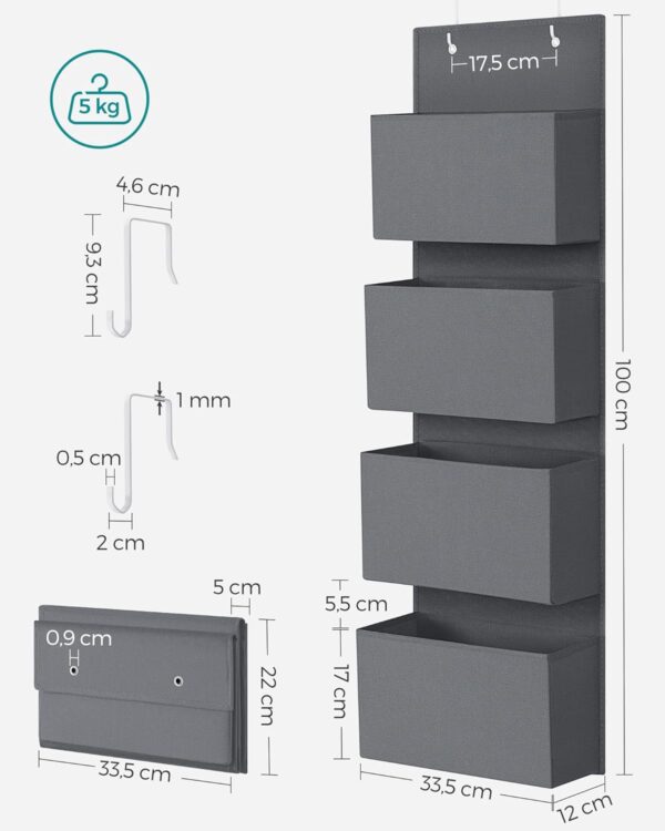 SONGMICS Organizator suspendat cu 4 compartimente, raft textil pentru usa sau perete, 33.5x12x100 cm, gri - imagine 5