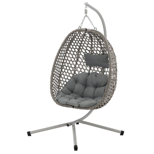 Leagan tip cuib suspendat, cu perna, cadru metalic si cos PE, 103x95x185 cm, gri - imagine 7