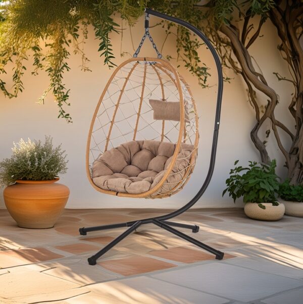 Leagan tip cuib suspendat, cu perna, cadru metalic si cos PE, 103x95x185 cm, maro - imagine 2