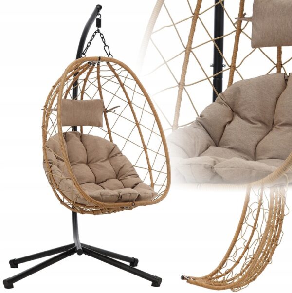 Leagan tip cuib suspendat, cu perna, cadru metalic si cos PE, 103x95x185 cm, maro - imagine 3