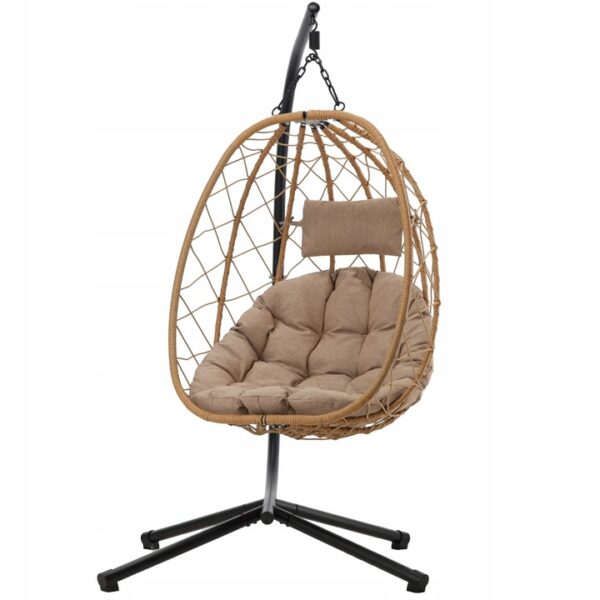 Leagan tip cuib suspendat, cu perna, cadru metalic si cos PE, 103x95x185 cm, maro - imagine 5