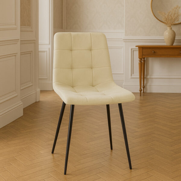 Scaun living tapitat cu catifea, spatar matlasat, 44x54x89 cm, bej - imagine 2