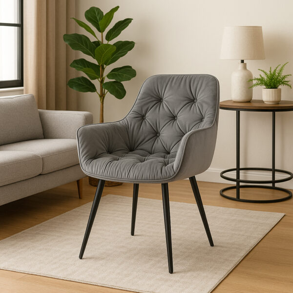 Fotoliu catifea tapitat, cu spatar inalt si design cu cusaturi, 55x60x89 cm, gri - imagine 3