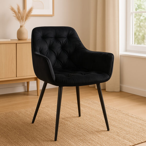 Fotoliu catifea tapitat, cu spatar inalt si design cu cusaturi, 55x60x89 cm, negru - imagine 2