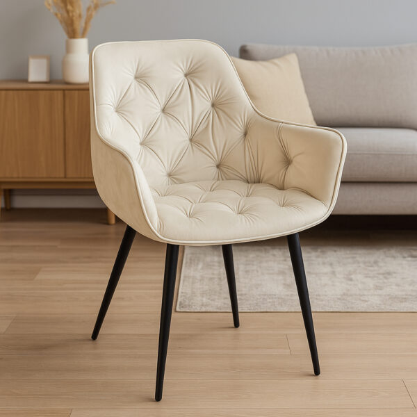 Fotoliu catifea tapitat, cu spatar inalt si design cu cusaturi, 55x60x89 cm, bej - imagine 3
