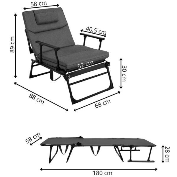 Fotoliu pliabil 2 in 1 tip sezlong, cu 5 pozitii, structura metalica si saltea inclusa, 180x58x89 cm, gri - imagine 27