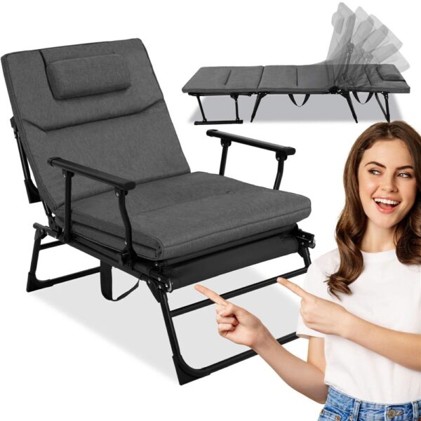 Fotoliu pliabil 2 in 1 tip sezlong, cu 5 pozitii, structura metalica si saltea inclusa, 180x58x89 cm, gri - imagine 7