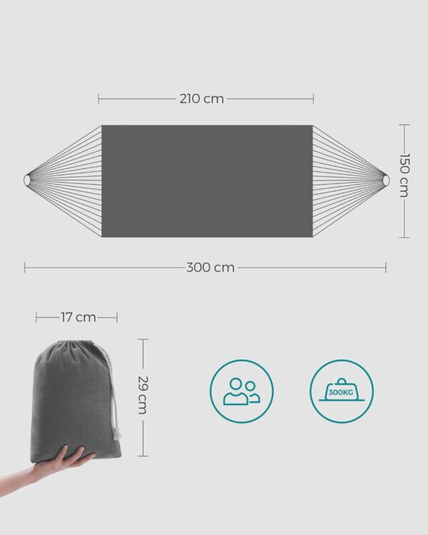 SONGMICS Hamac dublu, accesorii de prindere cu chingi si carabiniere, 210x150 cm, 300 kg, gri - imagine 3