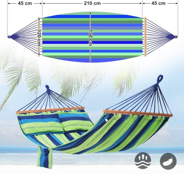 SONGMICS Hamac dublu cu bara lemn, perne incluse, maxim 300 kg, 210x150 cm, verde si albastru - imagine 3