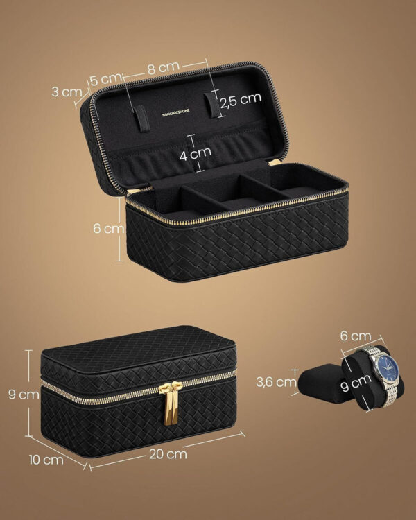 SONGMICS Cutie ceasuri Ronne, pentru 3 ceasuri, imitatie piele PU, 20x10x9 cm, negru - imagine 5