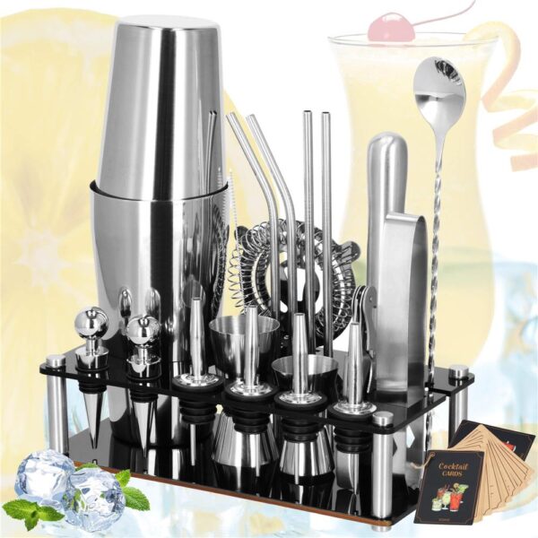 Set barman 14 piese din inox, cu shaker 750 ml, dozatoare, ustensile si suport, pentru cocktailuri, gri - imagine 2