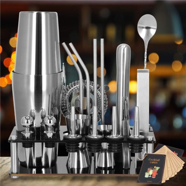 Set barman 14 piese din inox, cu shaker 750 ml, dozatoare, ustensile si suport, pentru cocktailuri, gri - imagine 10
