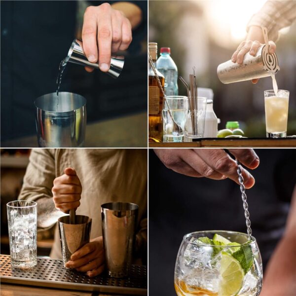 Set barman 14 piese din inox, cu shaker 750 ml, dozatoare, ustensile si suport, pentru cocktailuri, gri - imagine 18