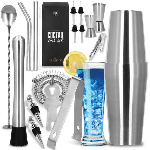 Set barman 14 piese din inox, cu shaker 750 ml, dozatoare, ustensile si suport, pentru cocktailuri, gri - imagine 3
