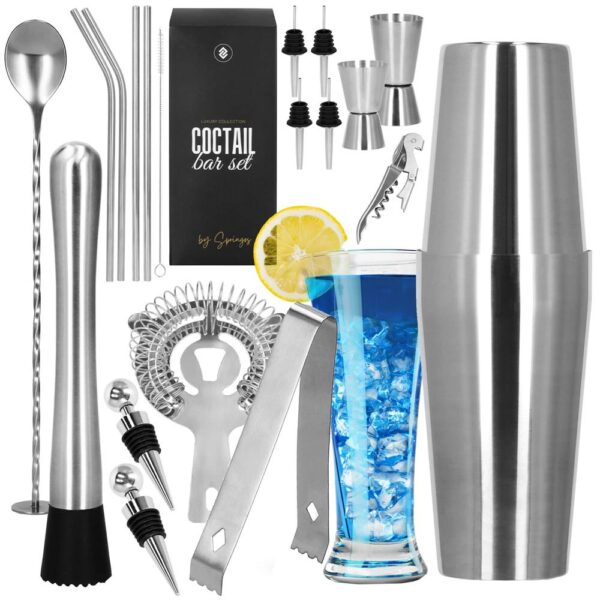 Set barman 14 piese din inox, cu shaker 750 ml, dozatoare, ustensile si suport, pentru cocktailuri, gri - imagine 26