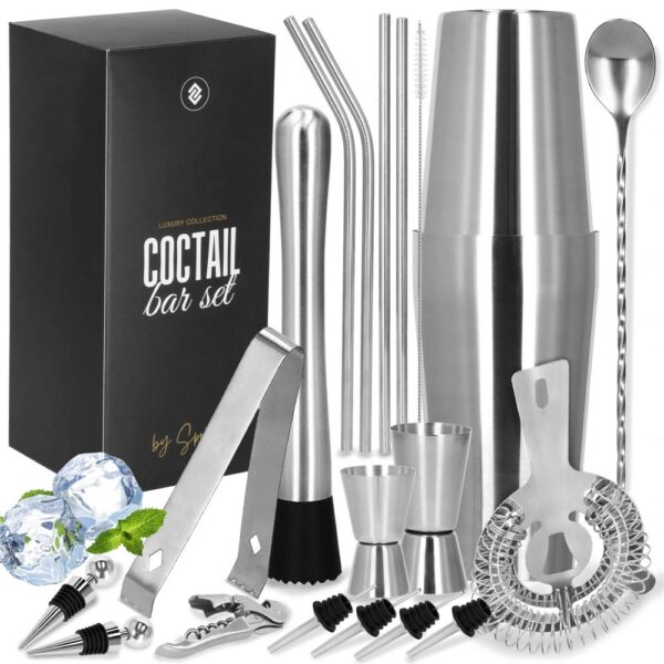 Set barman 14 piese din inox, cu shaker 750 ml, dozatoare, ustensile si suport, pentru cocktailuri, gri - imagine 4